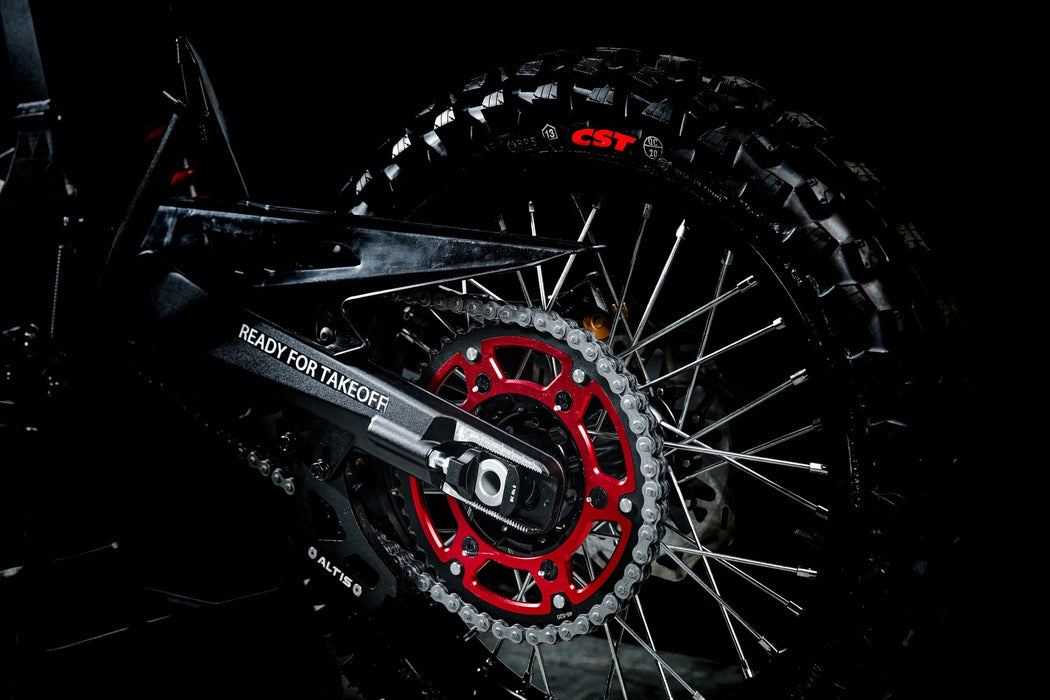 ALTIS Omega electric off-road motorcycle — official rear wheel and drive detail