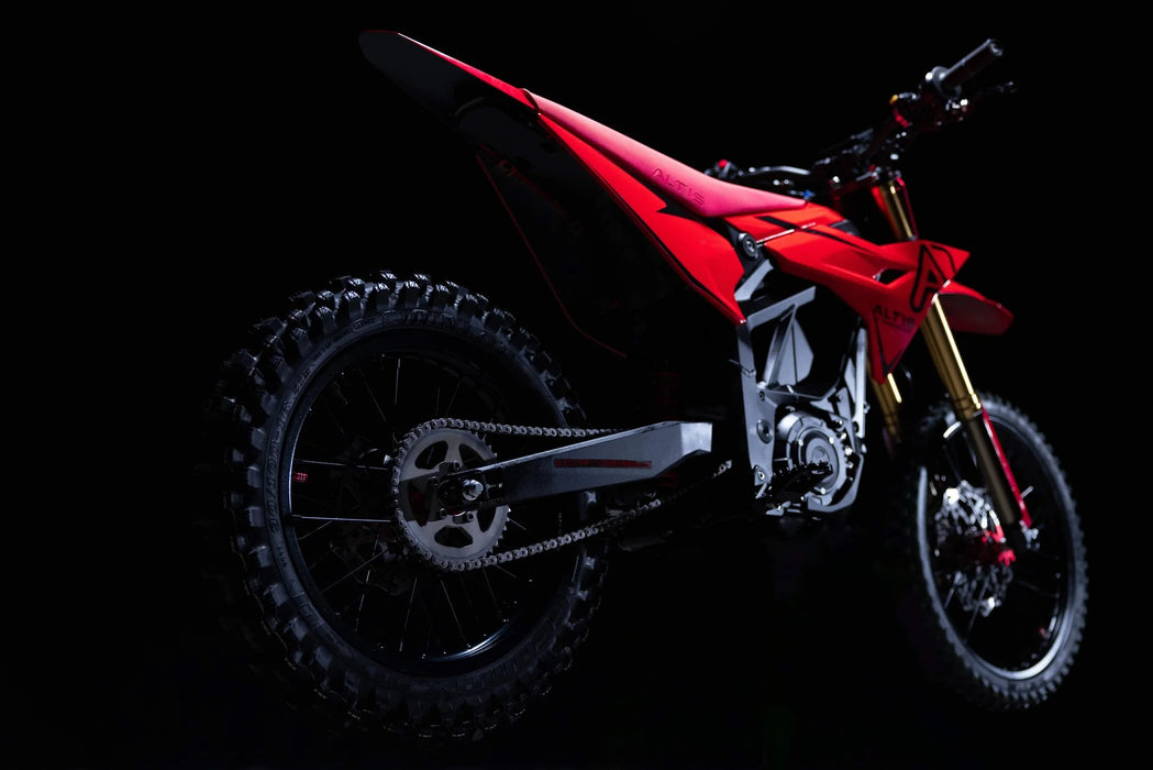 ALTIS Omega electric off-road motorcycle — official rear three-quarter view